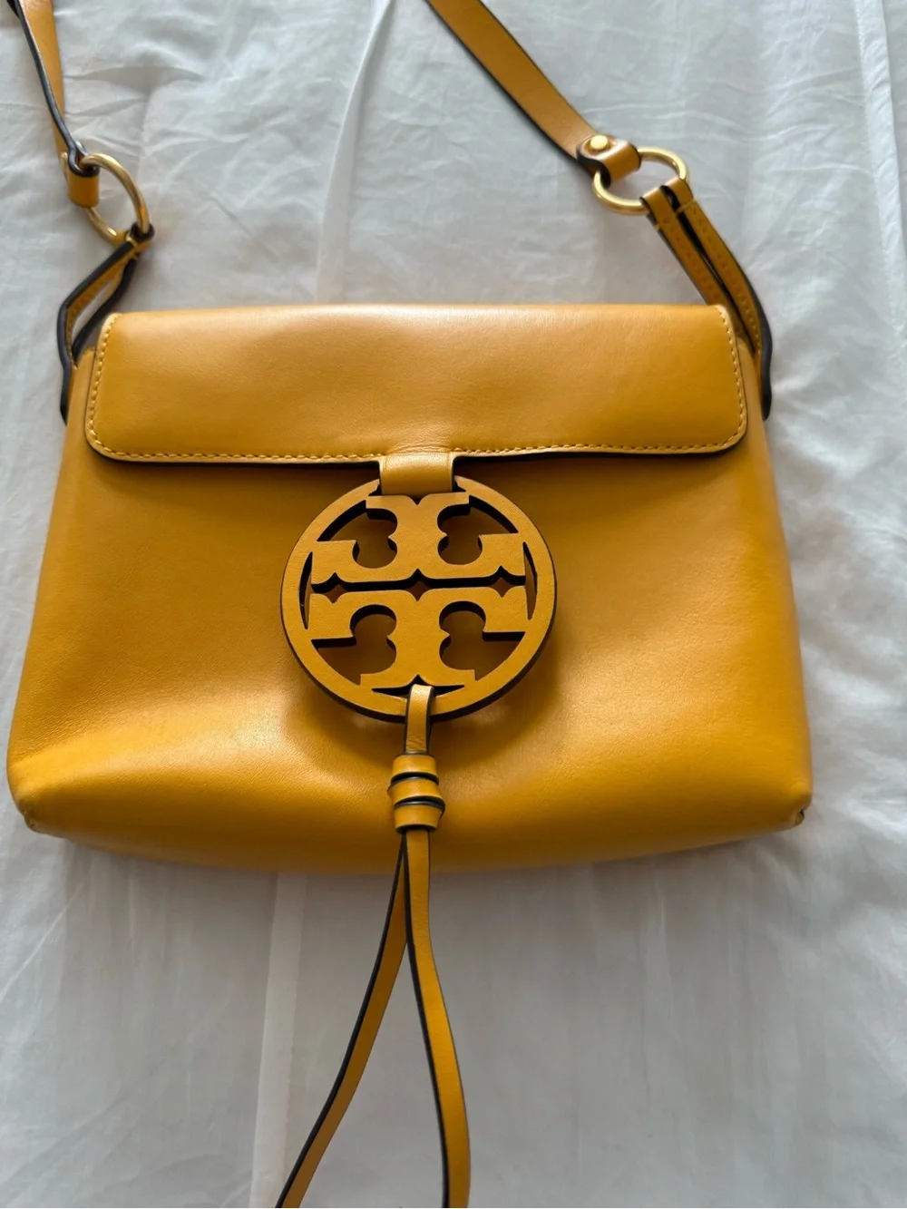 Tory Burch Mustard Yellow Leather Crossbody with Logo Medallion